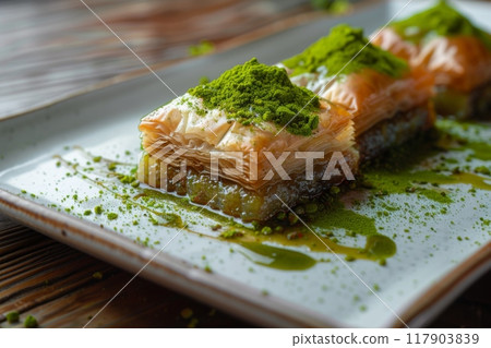 Turkish baklava, traditional oriental sweet. with nuts, honey, puff pastry. 117903839