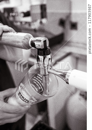 A bartender pouring beer 117903987