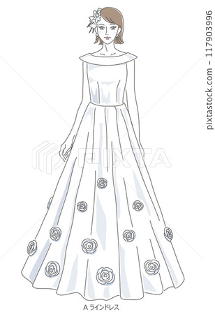 Illustration of a woman wearing an A-line wedding dress 117903996