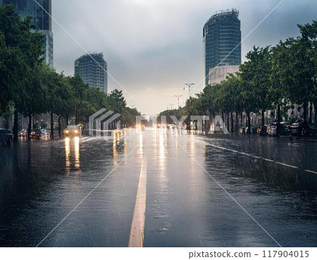 Flooded urban roads Flooded urban roads 117904015