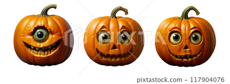A set of creepy pumpkin on white isolated background. The main symbol of Halloween holiday. Orange pumpkin with facial expression. Design for the holiday Halloween.Digital illustration 117904076