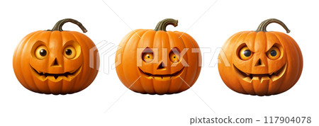 A set of creepy pumpkin on white isolated background. The main symbol of Halloween holiday. Orange pumpkin with facial expression. Design for the holiday Halloween.Digital illustration 117904078