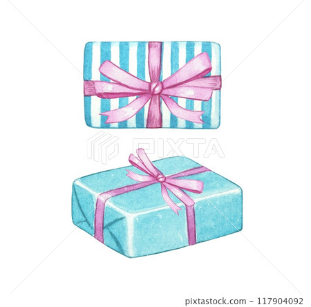 Hand drawn blue gift boxes with pink bow. Watercolor illustration Hand drawn blue gift boxes with pink bow. Watercolor illustration 117904092