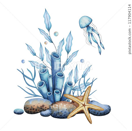 Sea composition with corals, stones, starfish, jellyfish. Underwater world.Watercolor illustration 117904114