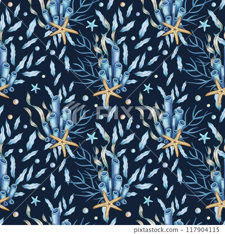 Marine seamless pattern with corals, algae, starfish. Watercolor illustration 117904115
