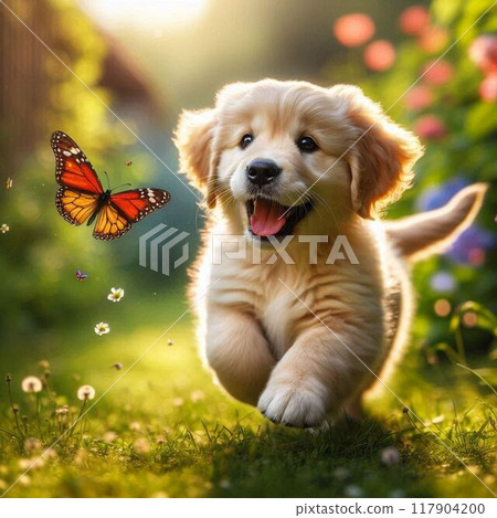 Dog with falling cherry blossom petals 117904200
