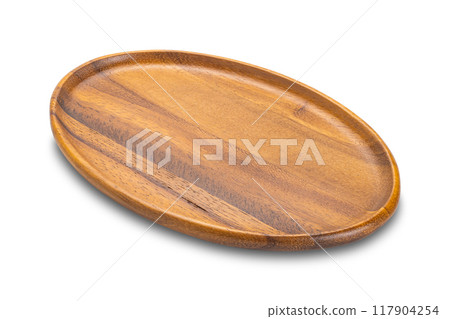 High angle view of single empty wooden tray. High angle view of single empty wooden tray. 117904254