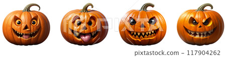 A set of creepy pumpkin on white isolated background. The main symbol of Halloween holiday. Orange pumpkin with facial expression. Design for the holiday Halloween.Digital illustration 117904262
