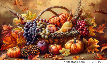 Autumn still life in a classic style. In the center of the composition is a basket with autumn fruits  117904533