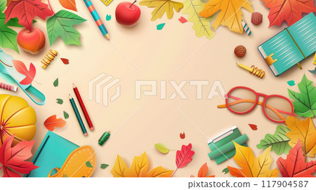Back to school frame template.Top view with school stationery and autumn leaves 117904587