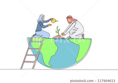 Continuous one line drawing Arab man and Arab woman work together to plant trees. Together protect the earth. Do whatever it takes to keep the earth green. Single line draw design vector illustration 117904613