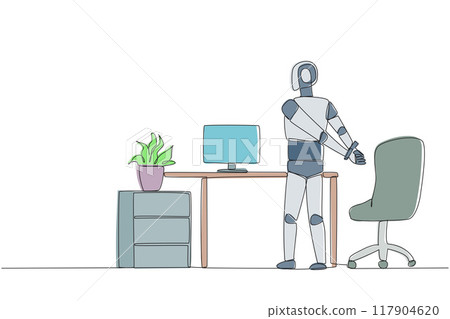 Single continuous line drawing robot stands with his hands behind his back. Stretching. Get the latest code to become smarter at exercising. Future technology. One line design vector illustration 117904620