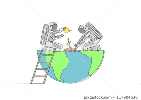 Single continuous line drawing two astronauts work together to plant seeds and water it. Slowing depletion of the ozone layer. Cosmonaut caring a lot to the earth. One line design vector illustration 117904630