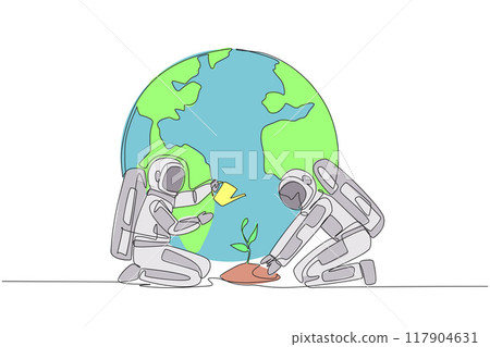 Single one line drawing astronaut holds mound of earth and the others waters plants. Team cohesiveness must be maintained. Cosmonaut loves earth. Nature. Continuous line design graphic illustration 117904631