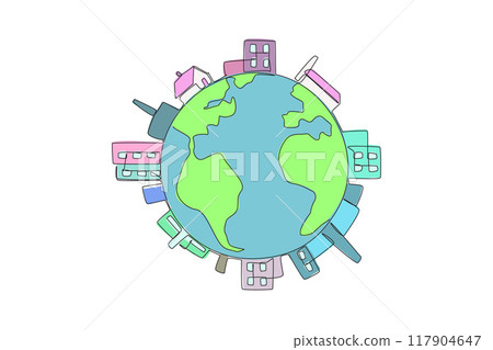 Continuous one line drawing buildings surround edge of the globe. Industrial area. Mostly there is pollution. Take care of the earth as best as possible. Single line draw design vector illustration Continuous one line drawing buildings surround edge of the globe. Industrial area. Mostly there is pollution. Take care of the earth as best as possible. Single line draw design vector illustration 117904647