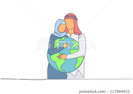 Single one line drawing Arab man and Arab woman hug each other. They both hug the globe. Passion to keep the earth green. Keep away from the pollution. Continuous line design graphic illustration 117904652