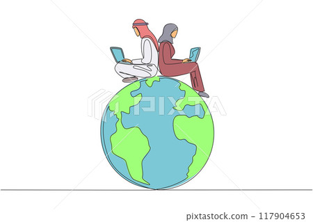 Single continuous line drawing Arabian man and Arabian woman sitting on globe typing on a laptop. Make a schedule for reforesting the earth. World environment day. One line design vector illustration Single continuous line drawing Arabian man and Arabian woman sitting on globe typing on a laptop. Make a schedule for reforesting the earth. World environment day. One line design vector illustration 117904653