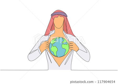 Continuous one line drawing Arab man unbuttons shirt revealing globe on chest. An invitation to always take care of the earth. For the beauty of the earth. Single line draw design vector illustration 117904654