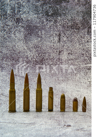 Aligned bullets of different calibres. 117904736