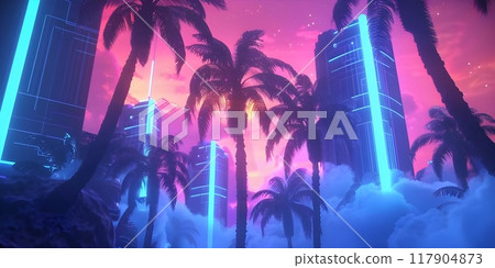 Palm trees in summer. Nature concept in futuristic neon style. 117904873
