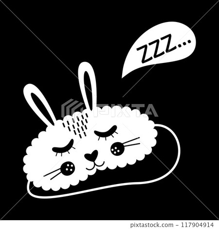 Black and white illustration of cute sleep mask. Rabbit eye mask night accessory relax rest while traveling. ZZZ snoring symbol World Sleep Day 117904914
