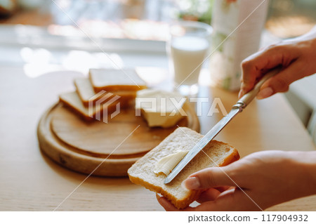 healthy breakfast milk bread and butter 117904932