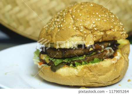 A delicious double patty hamburger 117905264