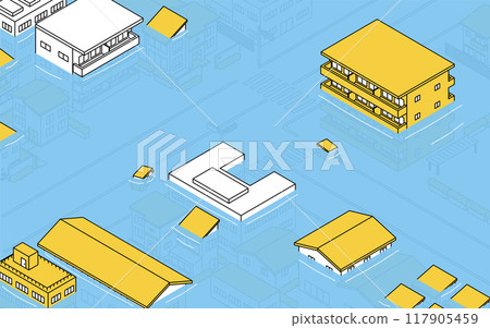 由於海嘯和河流洪水而淹沒在水中的城市景觀，等軸圖 117905459