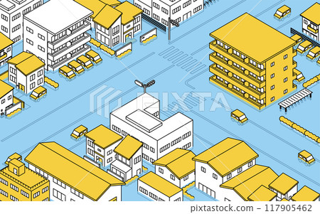 城市景觀被颱風或大雨洪水淹沒，等軸圖 117905462