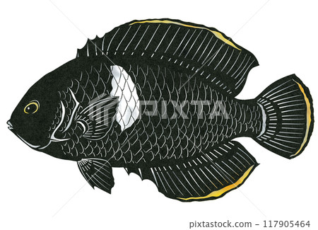 一幅樸素但美麗的黃尾魚剪紙插圖 117905464