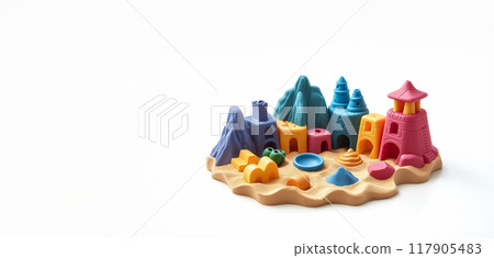 A set of plastic children's toys for playing outdoors, in the sand, on a white background. Copy space. 117905483