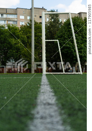 Football gates at the school stadium. Football field Football gates at the school stadium. Football field 117905985