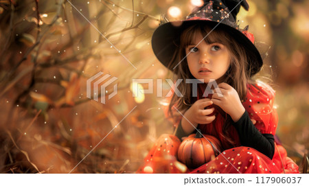 Little Girl in Witch Costume with Pumpkin in Autumn Forest 117906037