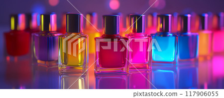 Assorted Nail Polishes in Colorful Lighting 117906055