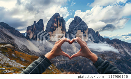 Heart-shaped hands framing majestic mountain landscape 117906156