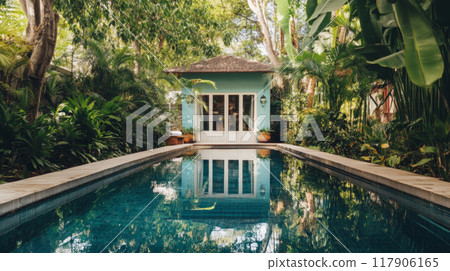 Vintage home with pool reflection and tropical surroundings 117906165