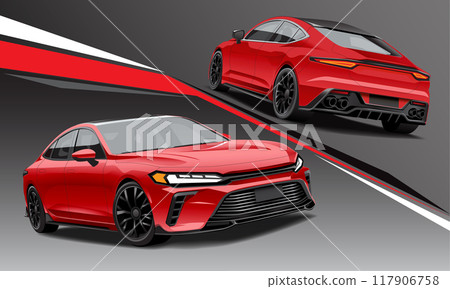 Realistic vector red car sport front and black view transportation on geometric background Realistic vector red car sport front and black view transportation on geometric background 117906758