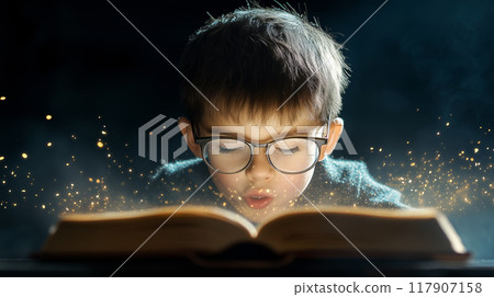A young boy with glasses intently reads a magical, glowing book A young boy with glasses intently reads a magical, glowing book 117907158