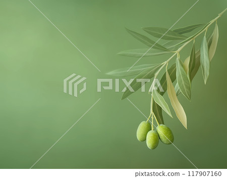 Green olives on a branch with leaves on a soft green background, with copy space Green olives on a branch with leaves on a soft green background, with copy space 117907160