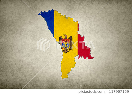 Map of Moldova with its flag on a paper 117907169