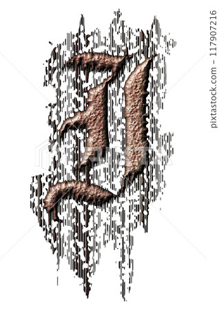 3D rendered illustration. Grungy gothic letter. Art blackletter font. 117907216
