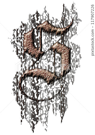 3D rendered illustration. Grungy gothic letter. Art blackletter font. 3D rendered illustration. Grungy gothic letter. Art blackletter font. 117907226