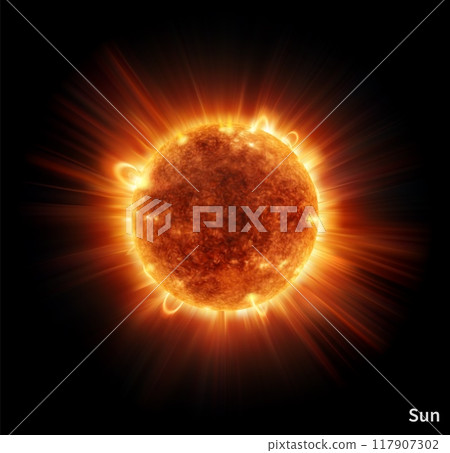 Space planet. Sun fiery surface. Cosmic sphere. Astronomy science. Galaxy exploration. Flame explosion. Fire burst ball. Planetary view from satellite. Solar system explore. Vector planetarium poster Space planet. Sun fiery surface. Cosmic sphere. Astronomy science. Galaxy exploration. Flame explosion. Fire burst ball. Planetary view from satellite. Solar system explore. Vector planetarium poster 117907302