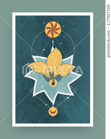 Boho poster. Magic figures. Astrology stars. Esoteric geometry. Flat triangle and circle collage. Spiritual galaxy. Moon pentagram. Abstract frame. Occult leaves. Bohemian design. Vector tarot card 117907308
