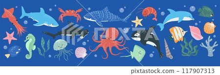 Animal ocean. Sea cartoon characters, baby pattern, cute life marine. Whale, dolphin, different fish, sea horse. Icon water, kids underwater decorative collection. Funny undersea fauna. Vector set 117907313