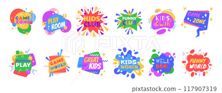 Kid sticker. Element logo game, party zone childish collection. Design badge child. Label activity school letter, logotype design. Text color fun park and club, play children symbol vector garish sign 117907319