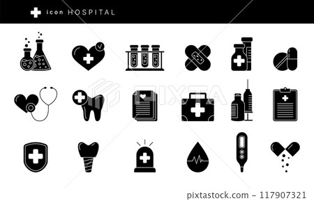 Hospital icon. Clinic pictogram. Medical treatment. Cardiology or dental doctors. Pills for patient. First aid box. Health care. Checkup bed. Pharmacy remedy. Vector garish black silhouette signs set Hospital icon. Clinic pictogram. Medical treatment. Cardiology or dental doctors. Pills for patient. First aid box. Health care. Checkup bed. Pharmacy remedy. Vector garish black silhouette signs set 117907321