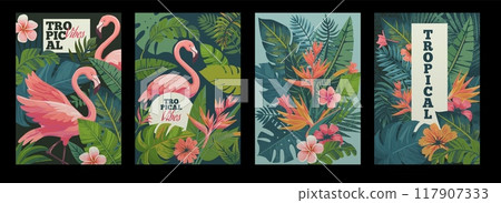 Watercolor summer flamingo. Tropical vibe. Palm leaves. Exotic flowers pattern. Abstract border. Pink birds. Natural brush greenery. Jungle foliage. Tourism banners set. Vector botanical backgrounds 117907333