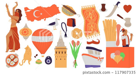Turkey culture. Turkish traditional attractions. Travel icons. Country map. Harem concubine. National food. Turk coffee. Carpet and hat. Ice cream cart. Istanbul monument. Vector tourism elements set Turkey culture. Turkish traditional attractions. Travel icons. Country map. Harem concubine. National food. Turk coffee. Carpet and hat. Ice cream cart. Istanbul monument. Vector tourism elements set 117907335