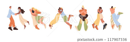 Happy friends hug. Love family. Romantic couple embrace. Friendship and reconciliation. Man toward woman. Excited persons cuddle. Cartoon young characters meeting. Reunion pose. Vector concepts set Happy friends hug. Love family. Romantic couple embrace. Friendship and reconciliation. Man toward woman. Excited persons cuddle. Cartoon young characters meeting. Reunion pose. Vector concepts set 117907336